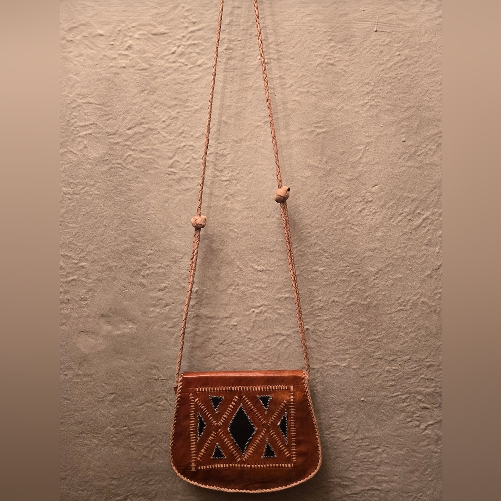 Vintage Moroccan Leather Crossbody Bag Hand Tooled Boho